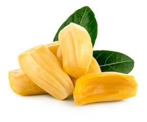 Jackfruit with jackfruit leaf, isolated on white background.