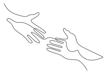 Continuous line drawing of two hands barely touching one another. Simple sketch of two hands isolated on white background. People connecting each other symbol. Vector illustration