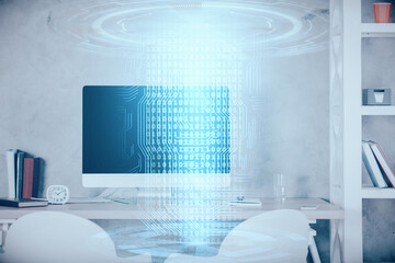 Multi exposure of data theme drawing and office interior background. Concept of technology.