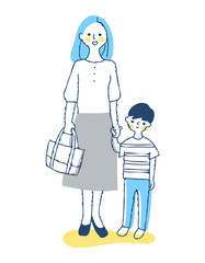 手を繋いでいる男の子とママ