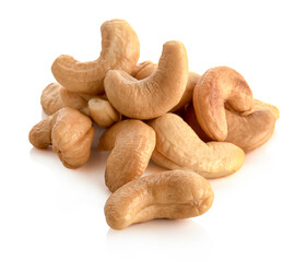 Roasted cashew nuts isolated on white background.
