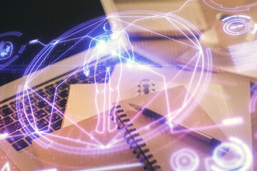 Double exposure of education theme drawing and desktop with coffee and items on table background. Concept of science