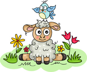 Funny lamb with little bird on head in the garden