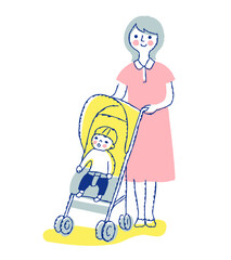 ベビーカーに乗る男の子とママ