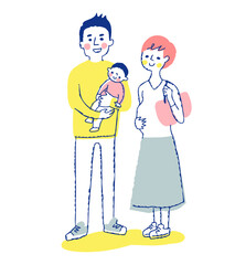 3人家族　妊娠中のママと男の子を抱っこするパパ