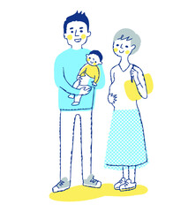 3人家族　妊娠中のママと男の子を抱っこするパパ