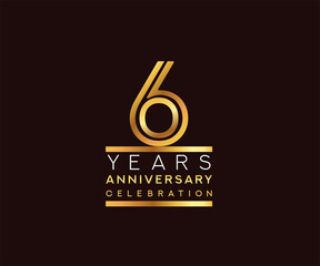 6th years anniversary celebration logotype. Anniversary logo with golden and silver color isolated on black background, vector design for celebration, invitation card, and greeting card