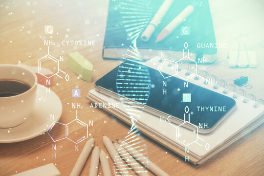Double exposure of DNA drawing and cell phone background. Concept of medical education