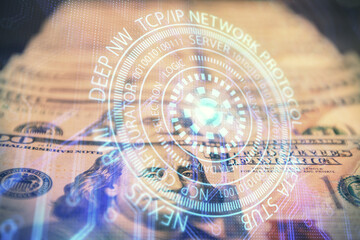 Double exposure of data theme drawing over us dollars bill background. Technology concept.