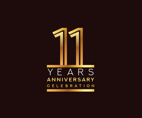 11th years anniversary celebration logotype. Anniversary logo with golden and silver color isolated on black background, vector design for celebration, invitation card, and greeting card