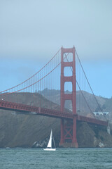 Views of the Golden Gate Bridge on a day with low clouds from Fort Point, San Francisco. California, USA