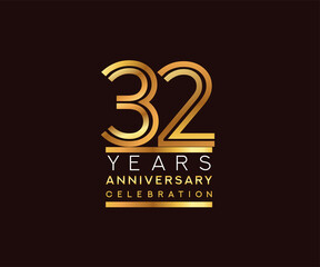 32nd years anniversary celebration logotype. Anniversary logo with golden and silver color isolated on black background, vector design for celebration, invitation card, and greeting card