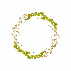 Invitation design with herbs, branches, leaves. Template, frame, circle, garland. Raster branches, leaves isolated on white background.