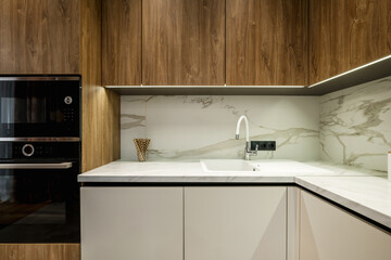 Interior of the modern luxure kitchen  in studio apartments in minimalistic style with light and wooden color