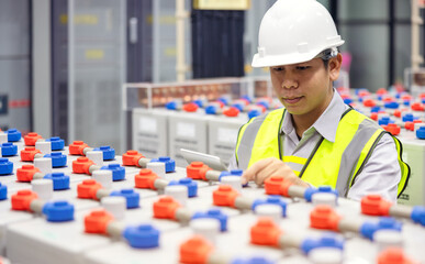 Solar Inverter control room system and battery storage. Electrician Engineer monitoring of solar charge controller and record data to mobile app on digital tablet.
