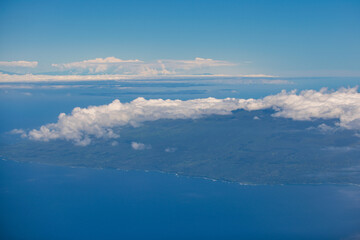 Aerial panoramic off the coast over Hawaiian Maui island.
