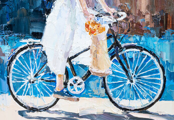 A girl in a white dress rides a bicycle.