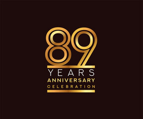 89th years anniversary celebration logotype. Anniversary logo with golden and silver color isolated on black background, vector design for celebration, invitation card, and greeting card
