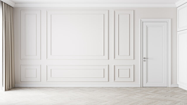 Beige classic interior with moldings, blank wall. 3d render illustration mockup.