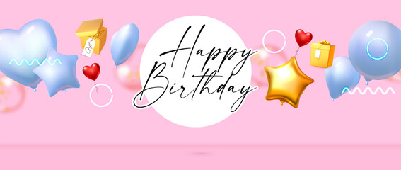 Happy Birthday with foil balloons and gift box. Glossy celebration design template. Anniversary, sale, baby shower and wedding invitation.