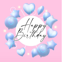 Happy Birthday with foil balloons. Glossy celebration design template. Anniversary, sale, baby shower and wedding invitation.