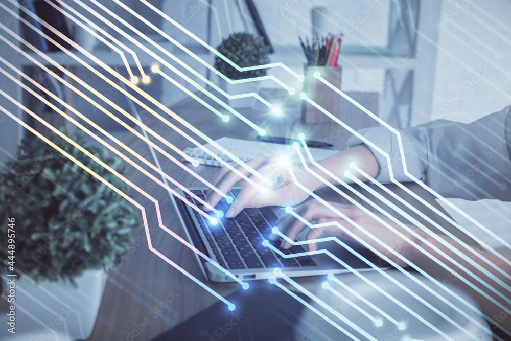 Aufkleber double exposure of woman hands working on computer and data theme hologram drawing. tech concept.
