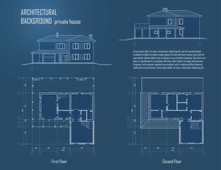 Architectural project: floor plan and cross section suburban house. Drawing of the modern building. Cottage project on blue background. Vector blueprint. Architectural Technical Illustration.