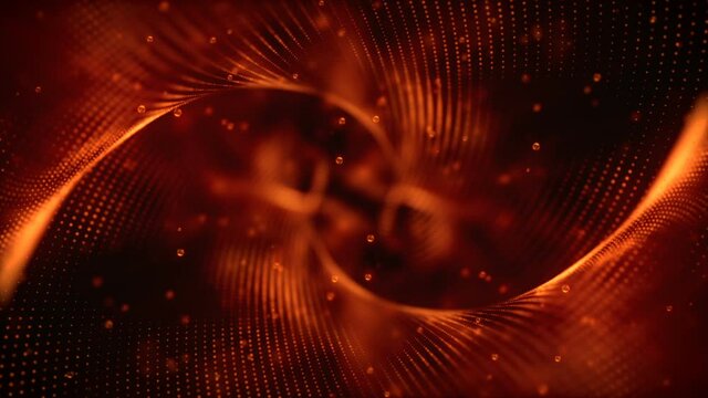 This is a stock motion graphic that shows the movement of an orange abstract structure with flying particles.