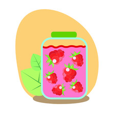 Glass jar with raspberry jam on an orange background, with traced raspberries. Flat style, vector