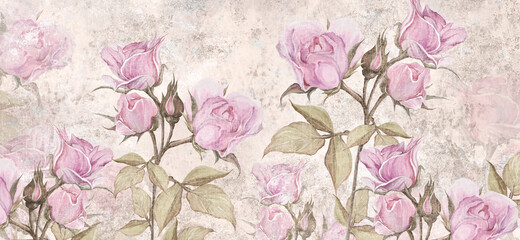 drawn vintage roses on texture background, photo wallpaper - obrazy, fototapety, plakaty