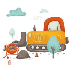 Cartoon cute composition of construction vehicles with tree, sky, concrete mixer, crushed stone, concrete wall, building sign etc for kids isolated on white background. Perfect for your own design
