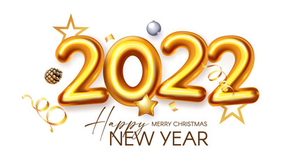 Happy New 2022 Year Realistic 3D golden sign with serpentine wnd pine cones.