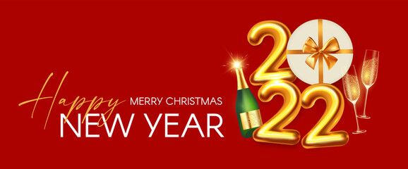 Naklejka premium Happy New 2022 Year Party poster template with 3D realistic text, champagne glasses, bottles and gift box. Festive design. Christmas flyer template