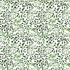 Fototapeta premium Seamless watercolor leaf, branch pattern - green leaves and branch composition on a perfect white background for rappers, wallpapers, postcards, greeting cards, wedding invitations, romantic events.