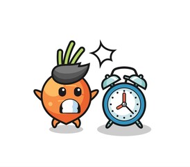 Cartoon Illustration of carrot is surprised with a giant alarm clock