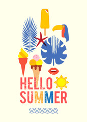 Hello, Summer! Season poster template with silk-screen effect. Serigraphy design.