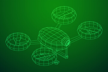 Drone flying with action video camera. Wireframe low poly mesh vector illustration