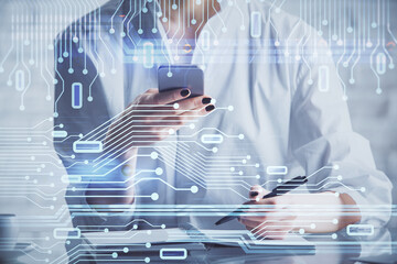 Double exposure of technology sketch hologram and woman holding and using a mobile device. Ai concept