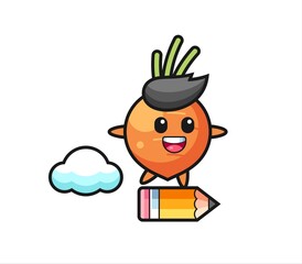 carrot mascot illustration riding on a giant pencil