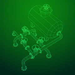 Oil tank storage of flammable materials and pipeline with valve. Finance economy polygonal petrol production. Petroleum fuel industry transportation line. Wireframe low poly mesh vector illustration.