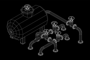 Oil tank storage of flammable materials and pipeline with valve. Finance economy polygonal petrol production. Petroleum fuel industry transportation line. Wireframe low poly mesh vector illustration.