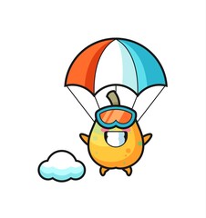 papaya mascot cartoon is skydiving with happy gesture