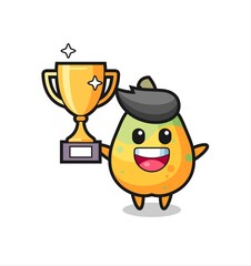 Cartoon Illustration of papaya is happy holding up the golden trophy