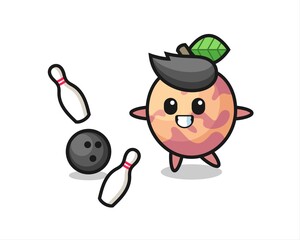 Obraz premium Character cartoon of pluot fruit is playing bowling