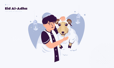 A Muslim boy hugging a sheep in Eid al-Adha illustration concept