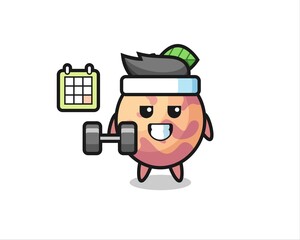 pluot fruit mascot cartoon doing fitness with dumbbell