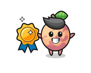 pluot fruit mascot illustration holding a golden badge