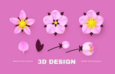 Paper flower set with buds, leaves and petals. Blossom design.