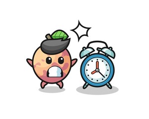 Cartoon Illustration of pluot fruit is surprised with a giant alarm clock