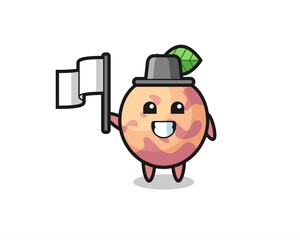 Cartoon character of pluot fruit holding a flag